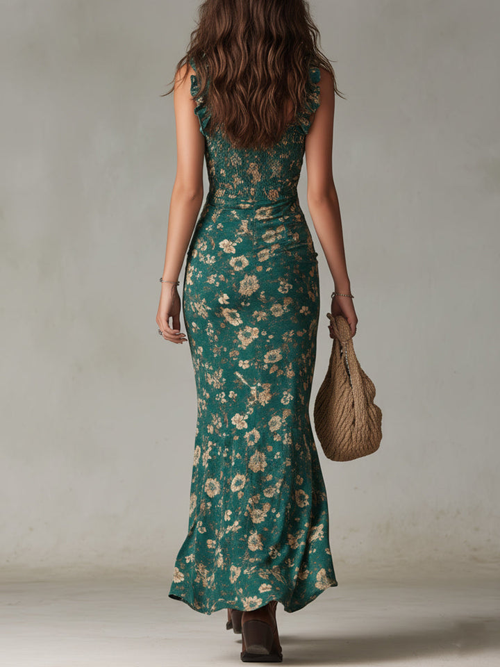 Sara | Long boho retro style dress with puffed sleeves and high slit