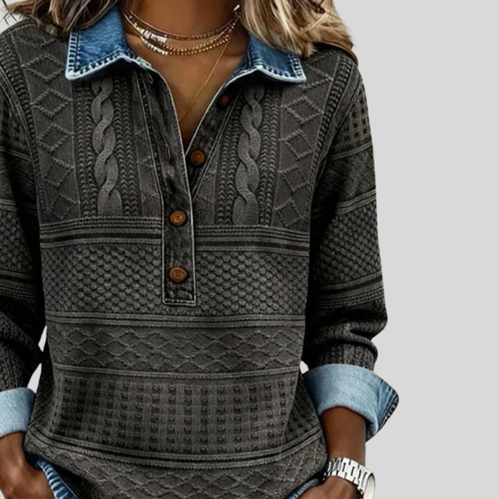 Velmora | Textured Knit Button-Collar Top