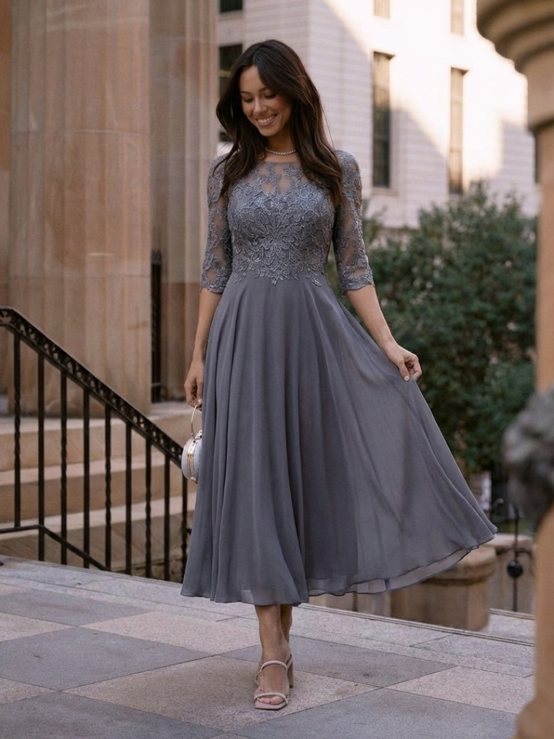 Birdie | Midi Dress with Lace Body and Sheer Sleeves