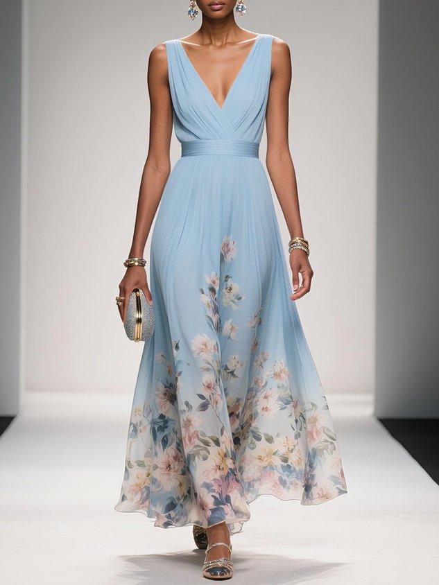 Rose | Light Blue Maxi Chiffon Dress with V-Neck