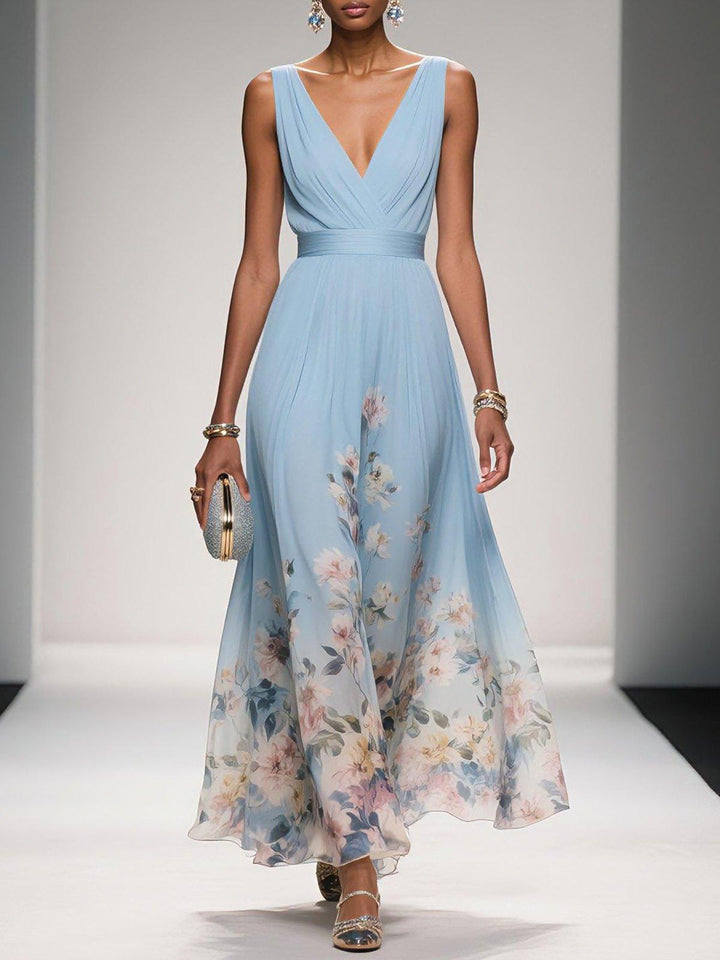 Rose | Light Blue Maxi Chiffon Dress with V-Neck