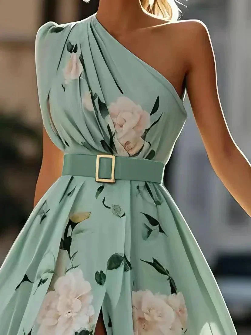 Anna | Light Green Maxi Floral Dress with One Shoulder