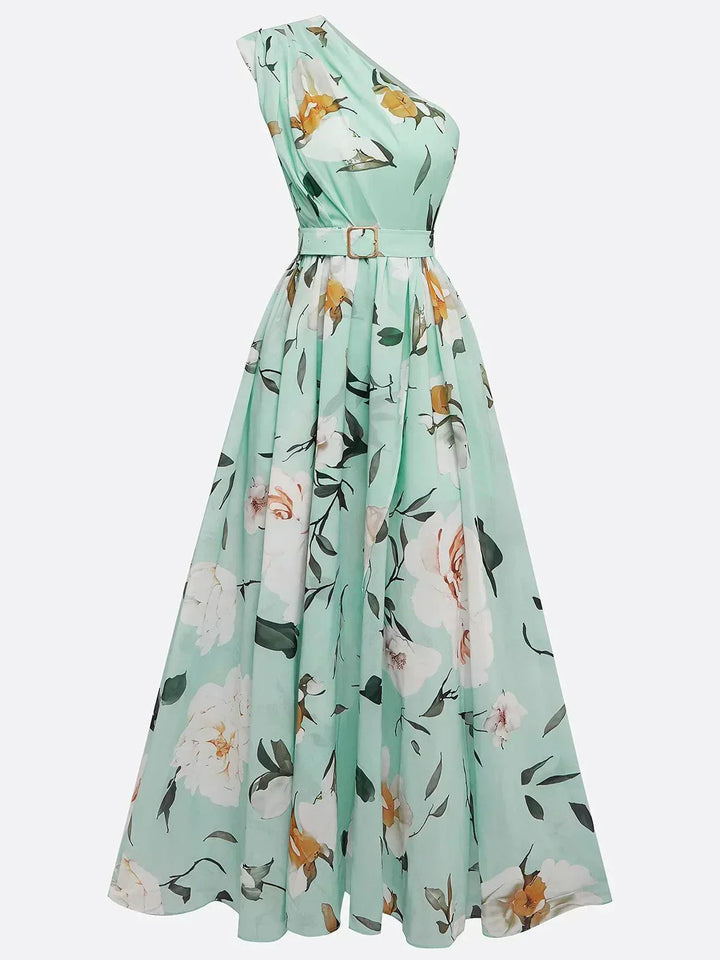 Anna | Light Green Maxi Floral Dress with One Shoulder