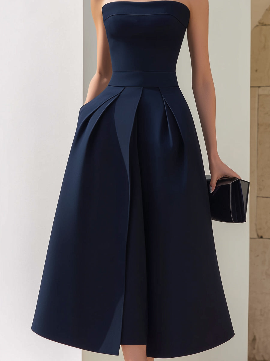 Alexandra | A-Line Strapless Midi Dress with Pleats