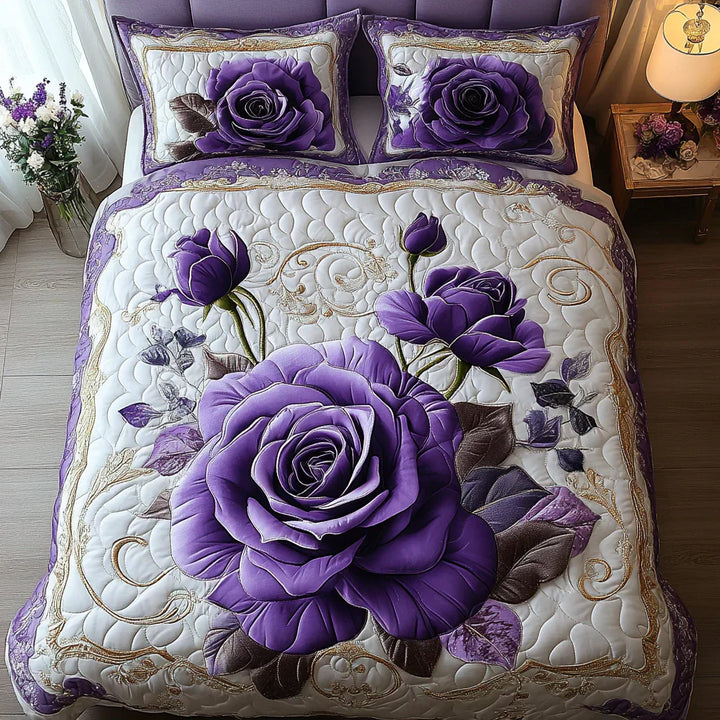 3-Piece Quilted Bedding Set - Purple Rose