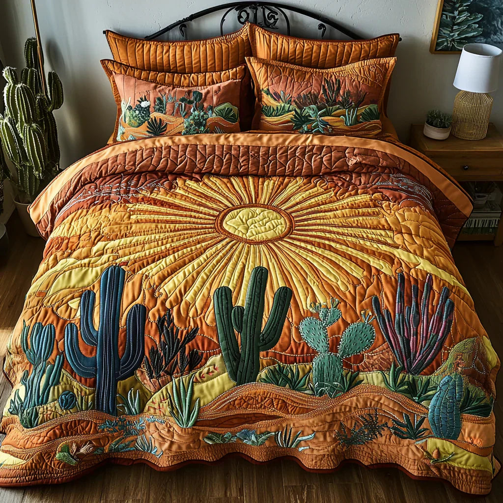 3-Piece Quilted Bedding Set - Sunrise Over Cacti