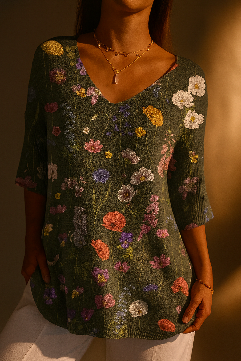 Dorothy | Vibrant Spring Botanical Garden Pattern Printed Women's Casual Pullover Knit