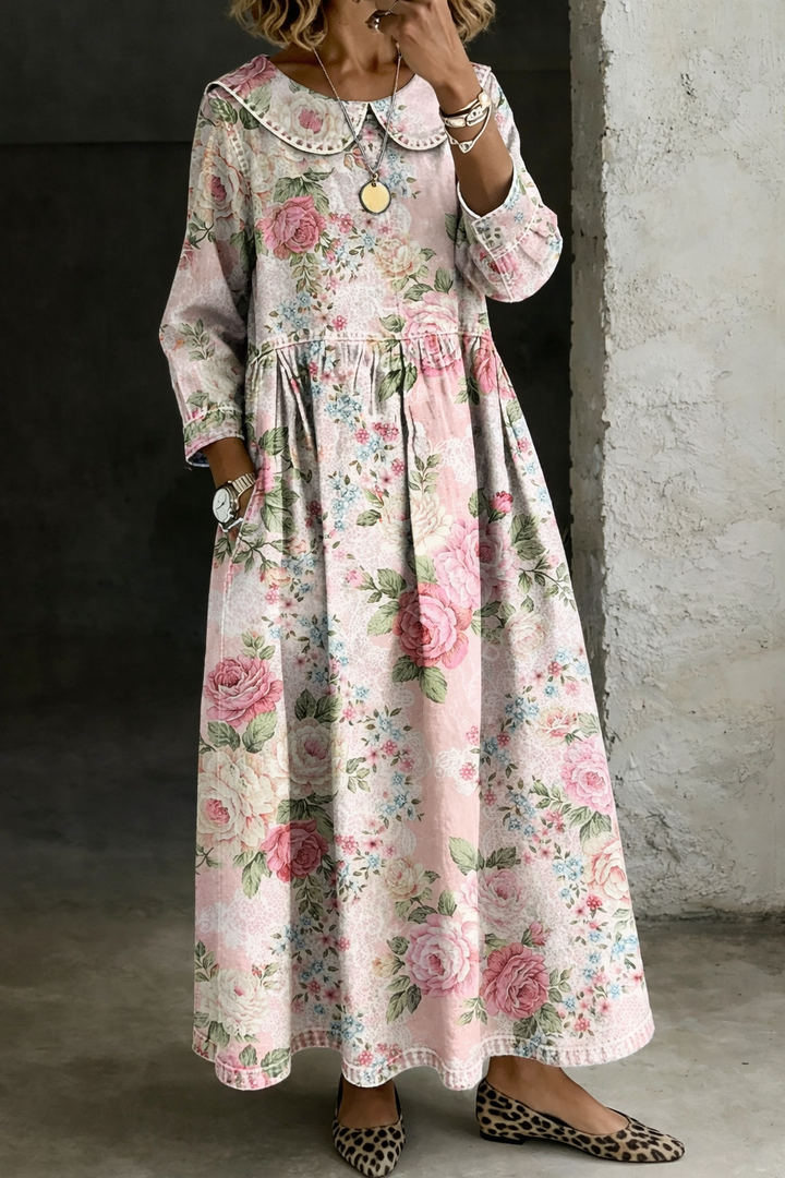 Hazel | Chic Floral Collar Denim Dress