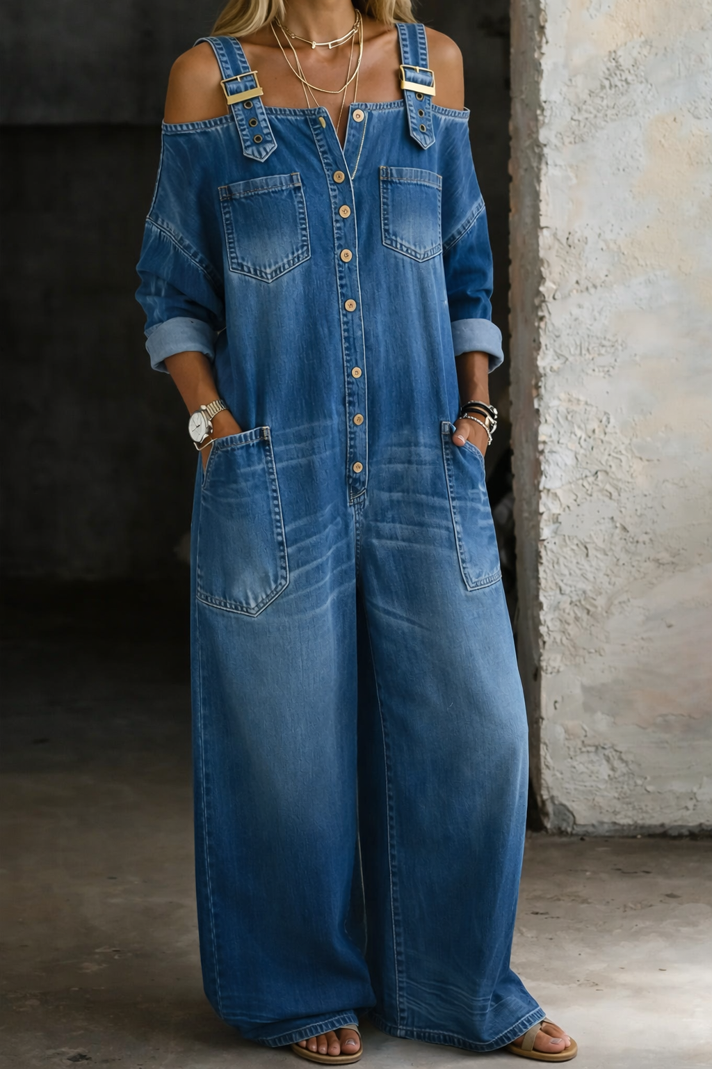 Amelia – Off-Shoulder Denim Jumpsuit