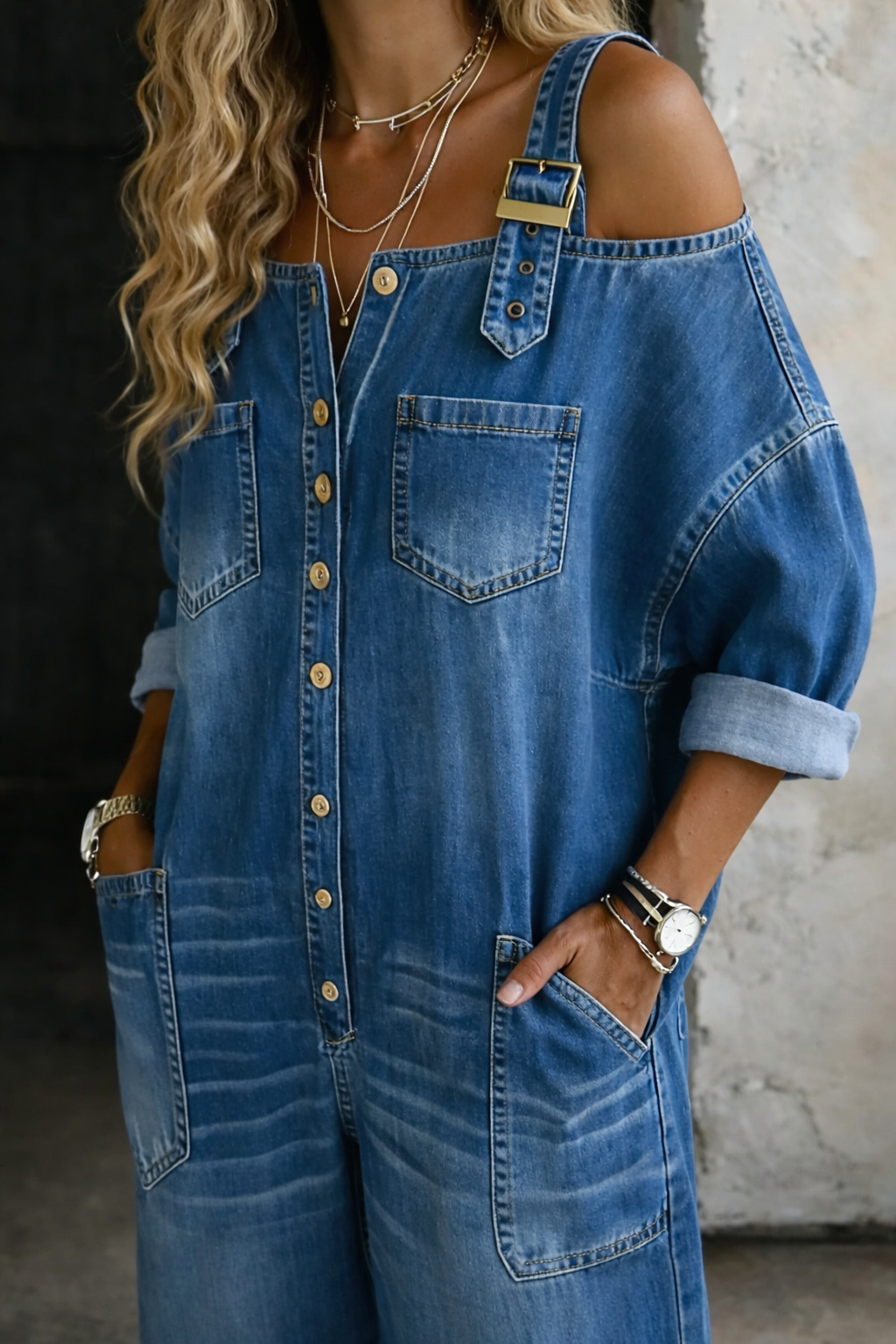 Amelia – Off-Shoulder Denim Jumpsuit