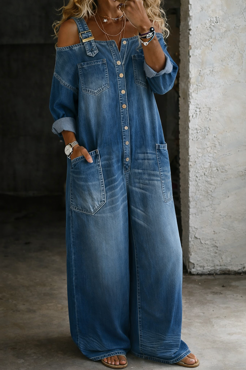 Amelia – Off-Shoulder Denim Jumpsuit