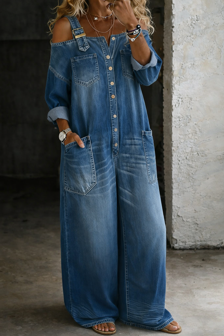 Amelia – Off-Shoulder Denim Jumpsuit
