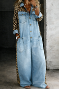 Amanda | Leopard Contrast Wide-Leg Denim Jumpsuit