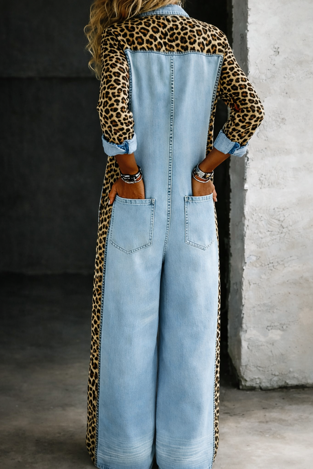 Amanda | Leopard Contrast Wide-Leg Denim Jumpsuit