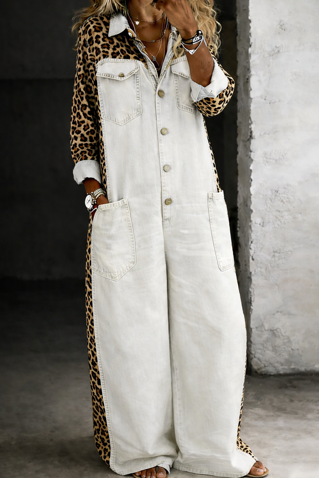 Amanda | Leopard Contrast Wide-Leg Denim Jumpsuit