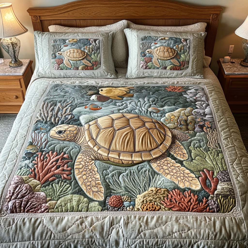 3-Piece Quilted Bedding Set - Sea Turtles