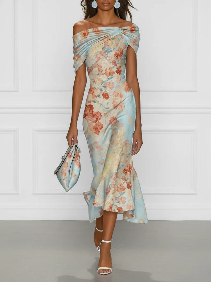 Samantha | Midi Mermaid Dress Without Sleeves With Off-Shoulder And Blue Floral Pattern