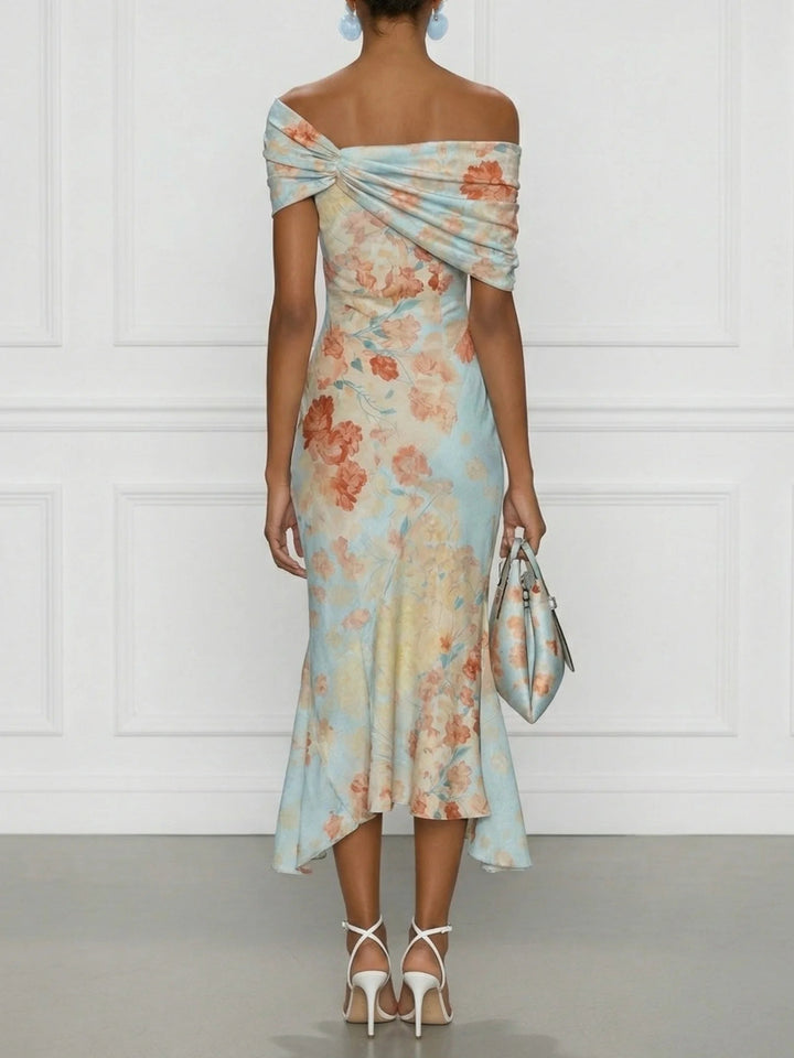 Samantha | Midi Mermaid Dress Without Sleeves With Off-Shoulder And Blue Floral Pattern