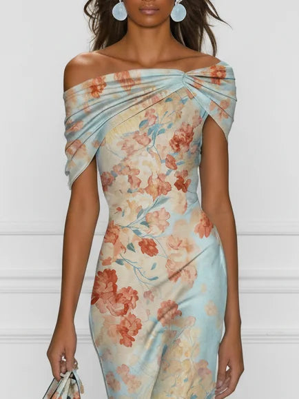 Samantha | Midi Mermaid Dress Without Sleeves With Off-Shoulder And Blue Floral Pattern