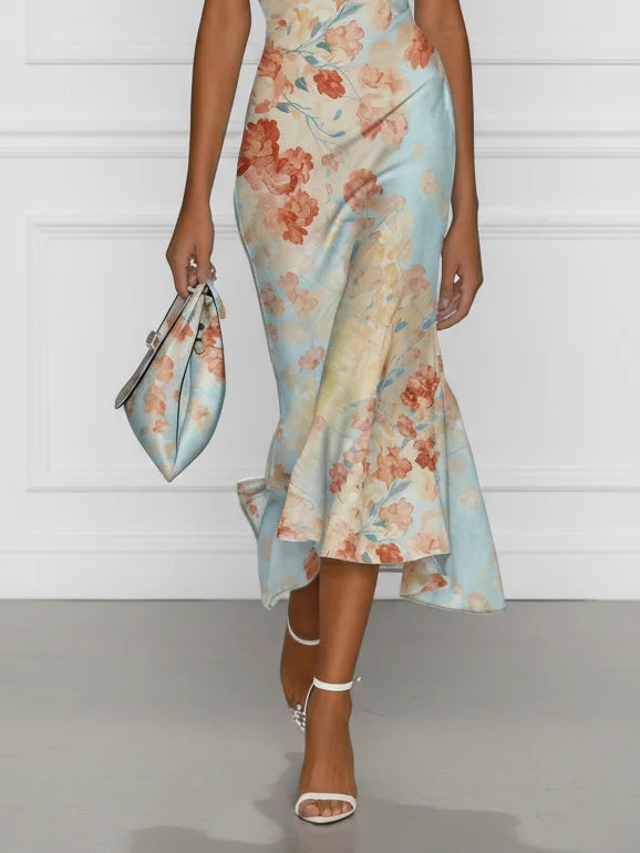 Samantha | Midi Mermaid Dress Without Sleeves With Off-Shoulder And Blue Floral Pattern