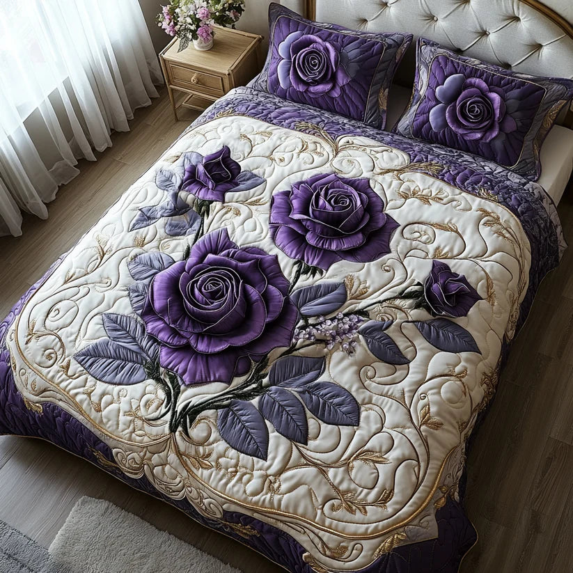3-Piece Quilted Bedding Set - Purple Rose