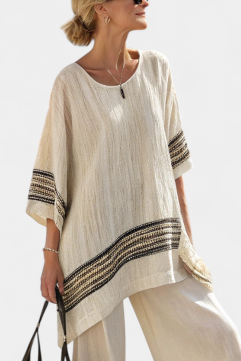 Mariella | Elegant Linen Top with Black Stripes and Flowy Pants