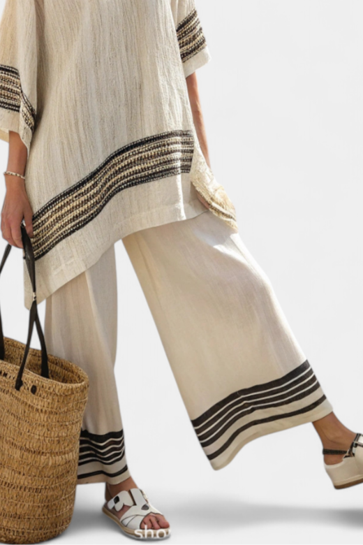 Mariella | Elegant Linen Top with Black Stripes and Flowy Pants
