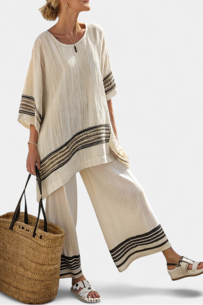 Mariella | Elegant Linen Top with Black Stripes and Flowy Pants