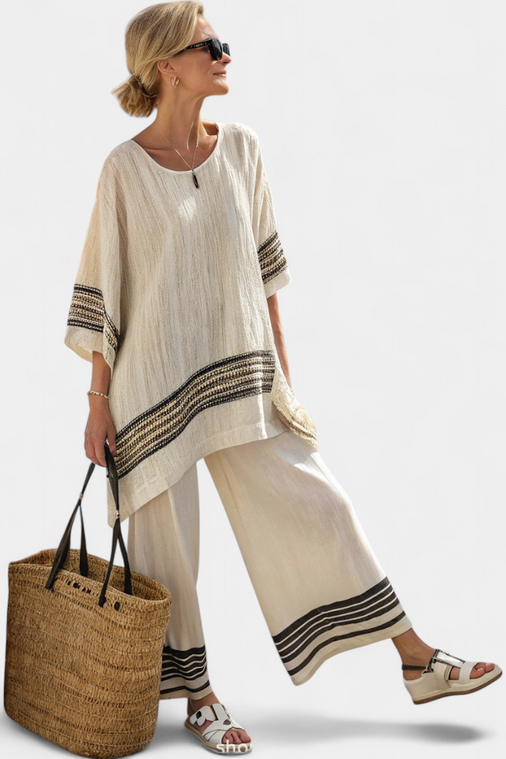 Mariella | Elegant Linen Top with Black Stripes and Flowy Pants