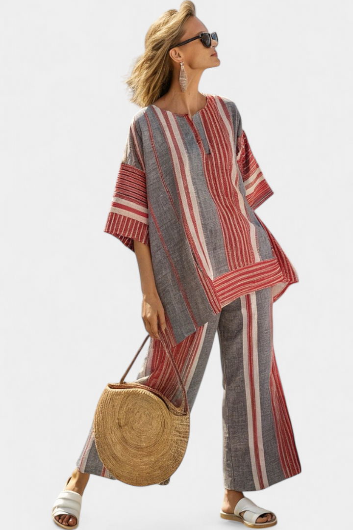 Bravine | Elegant Coral-Grey Linen Top & Wide-Leg Trousers