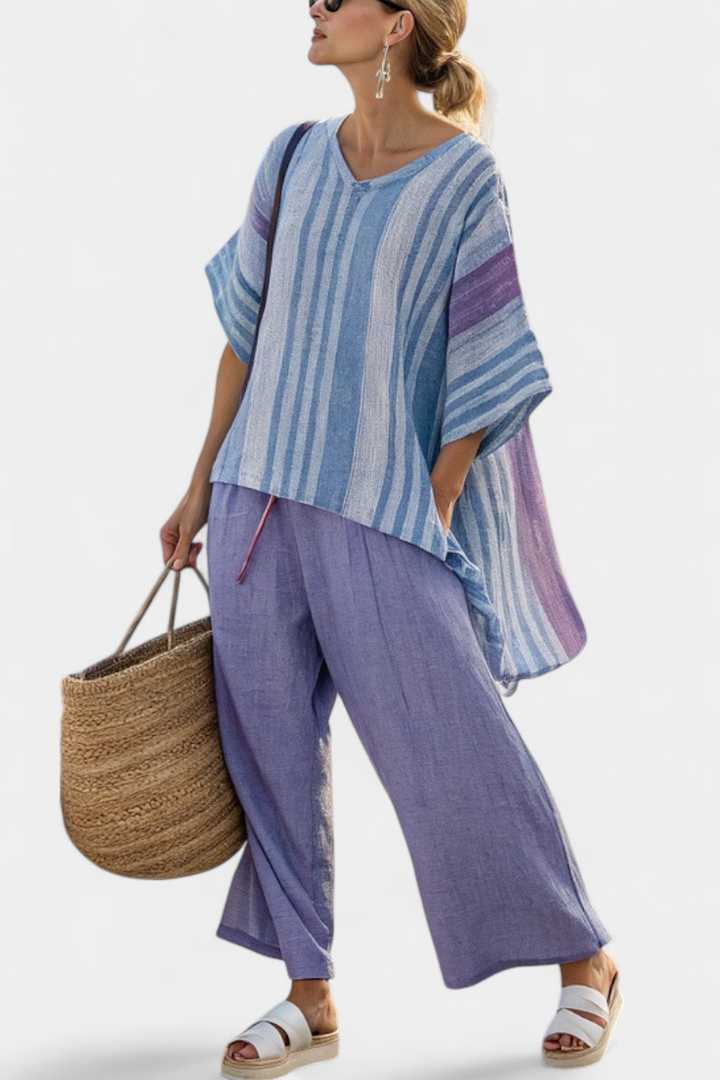 Carlotta | Elegant Top in Lavender and Sky Blue with Pants