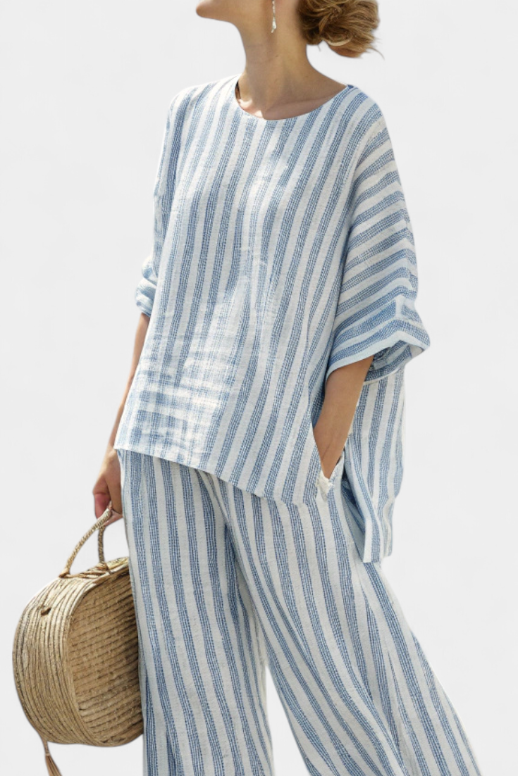 Federica | Sophisticated Linen Top with Blue Stripes and Relaxed Pants