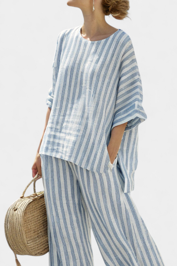 Federica | Sophisticated Linen Top with Blue Stripes and Relaxed Pants