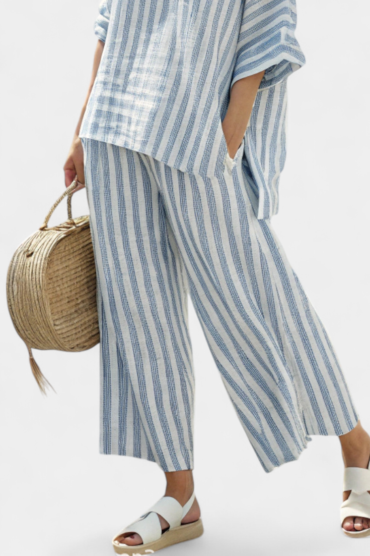 Federica | Sophisticated Linen Top with Blue Stripes and Relaxed Pants