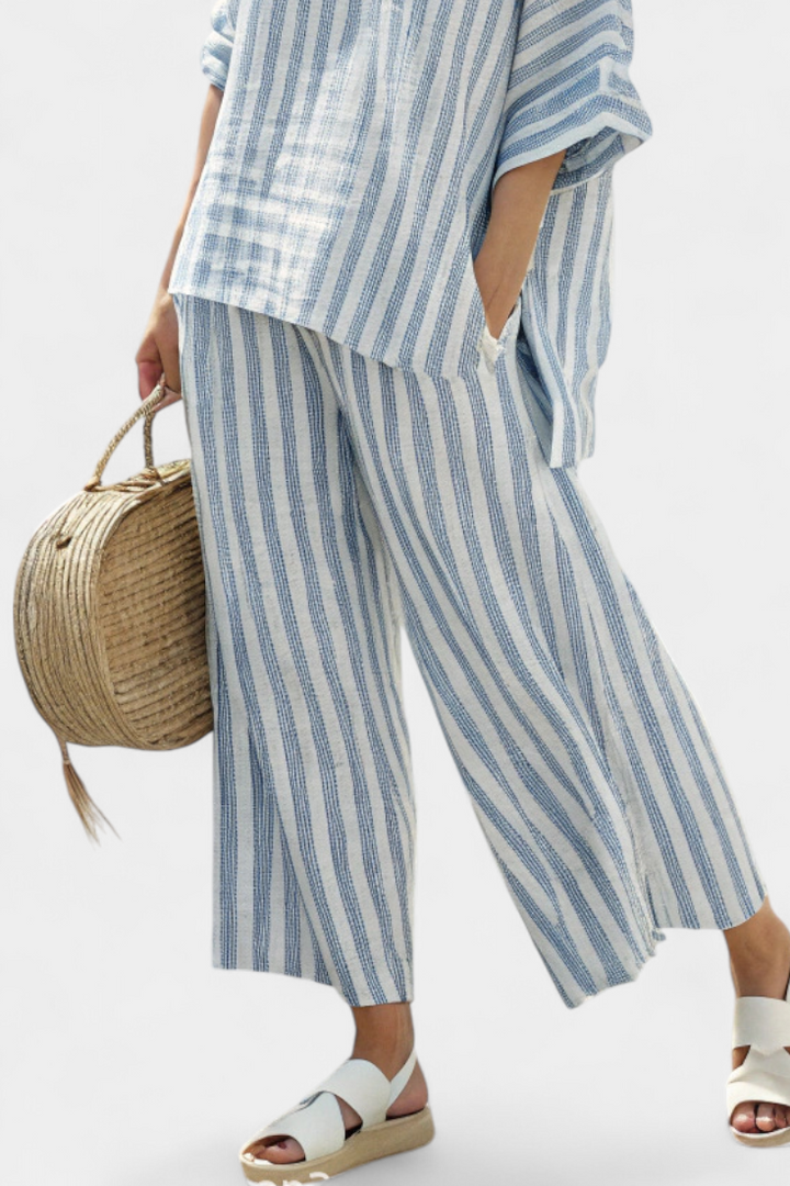 Federica | Sophisticated Linen Top with Blue Stripes and Relaxed Pants