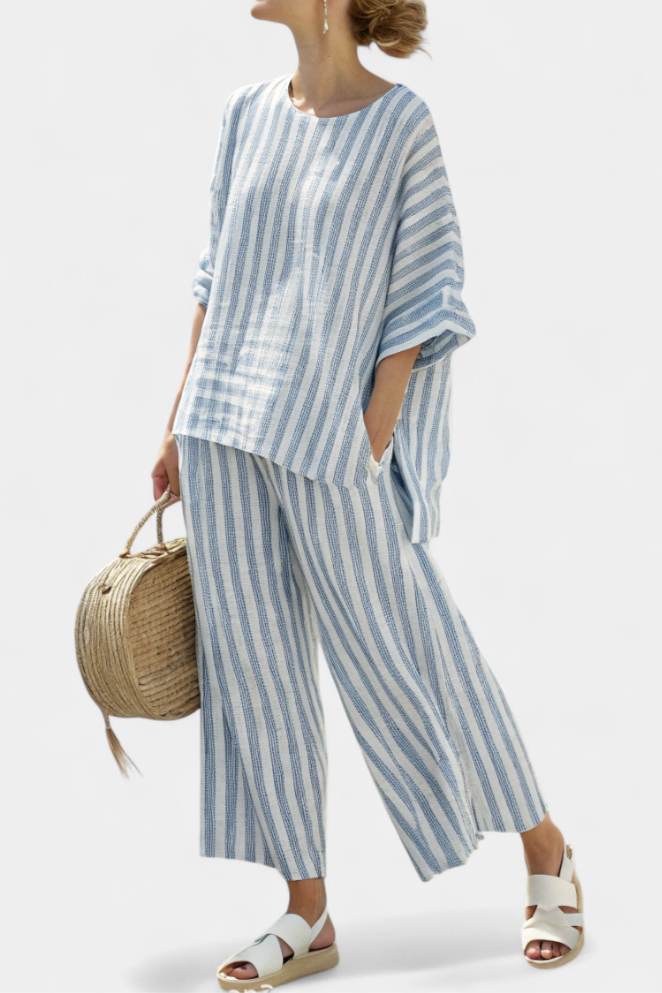Federica | Sophisticated Linen Top with Blue Stripes and Relaxed Pants