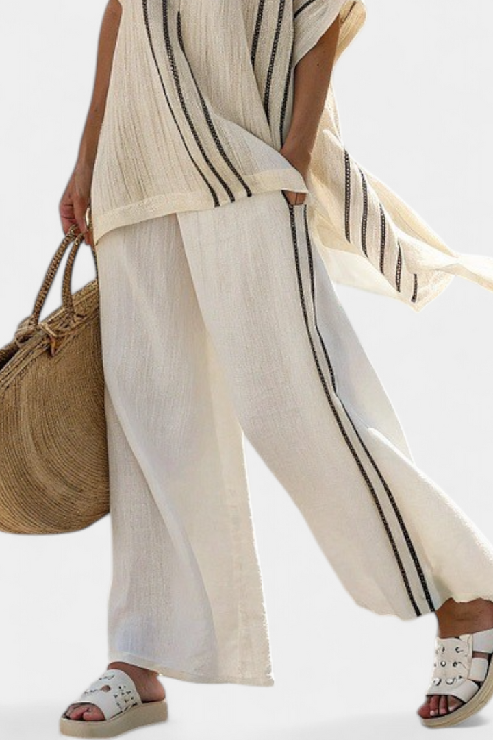 Greysen | Elegant Ivory Linen Blouse & Black Striped Trousers