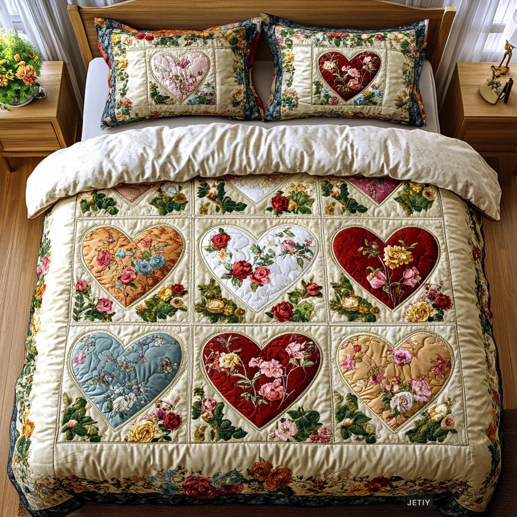3-Piece Quilted Bedding Set - Love Hearts