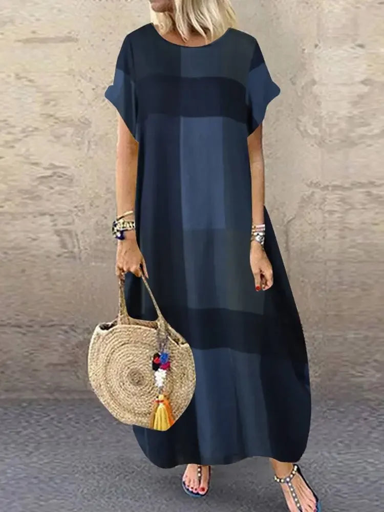 Noelle | Minimalist Block Pattern Flowing Maxi Dress