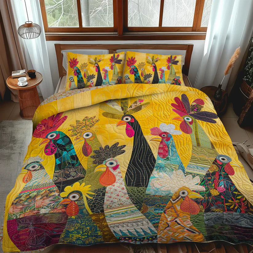 3-Piece Quilted Bedding Set - Morning Roosters