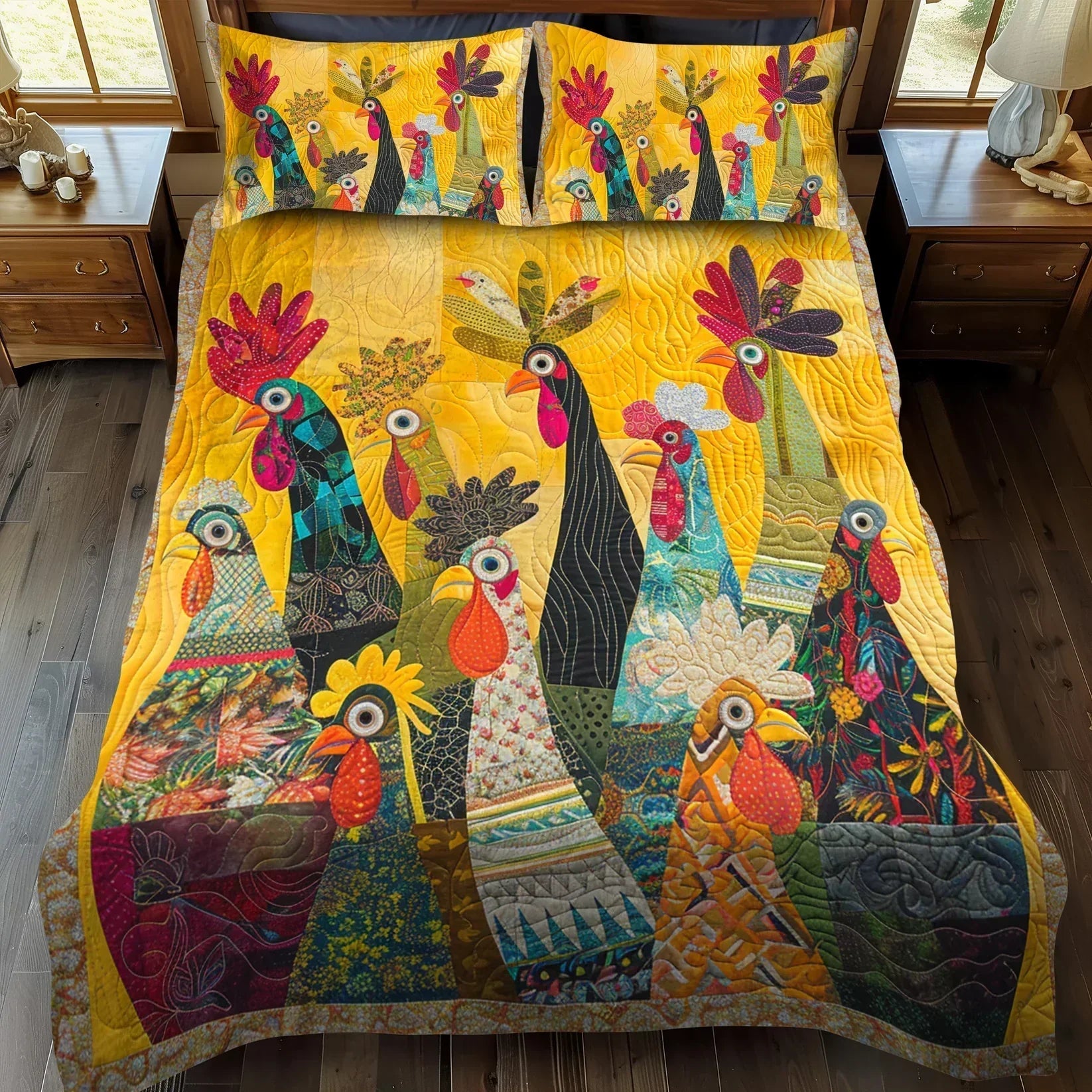 3-Piece Quilted Bedding Set - Morning Roosters