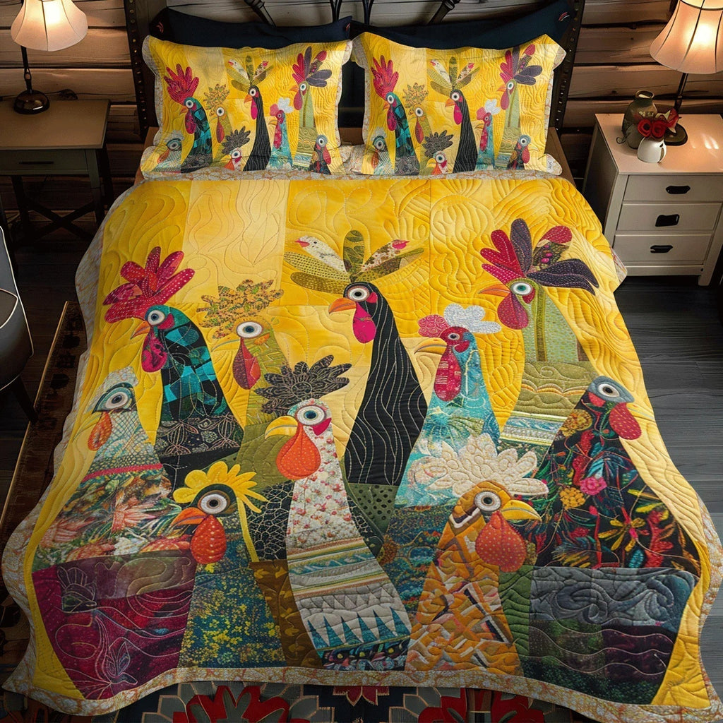 3-Piece Quilted Bedding Set - Morning Roosters