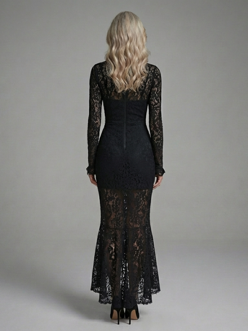 Delphine | High-Neck Lace Midi Dress with Long Sleeves
