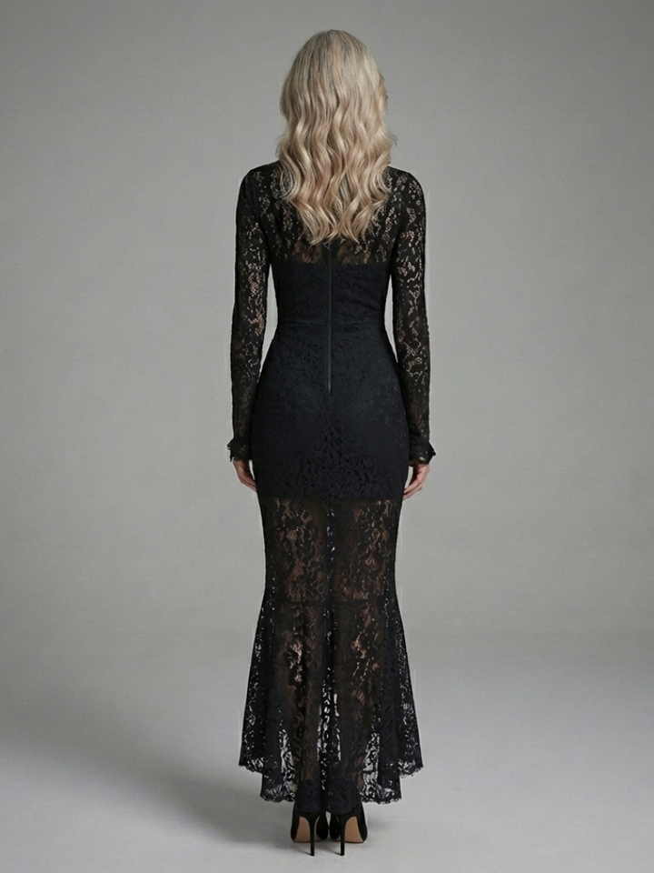 Delphine | High-Neck Lace Midi Dress with Long Sleeves