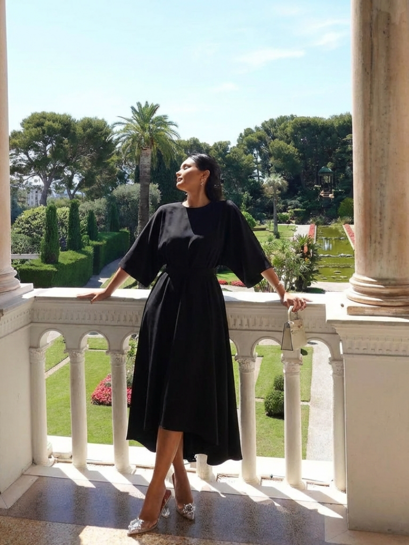 Eira | Asymmetrical Midi Dress with Coat Sleeves and Defined Waist