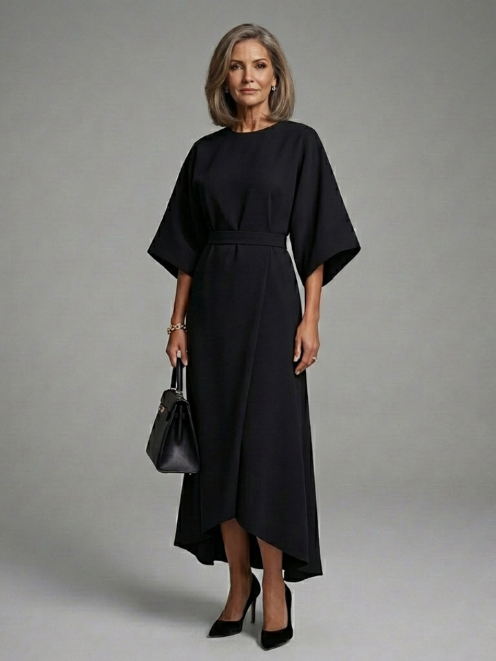 Eira | Asymmetrical Midi Dress with Coat Sleeves and Defined Waist