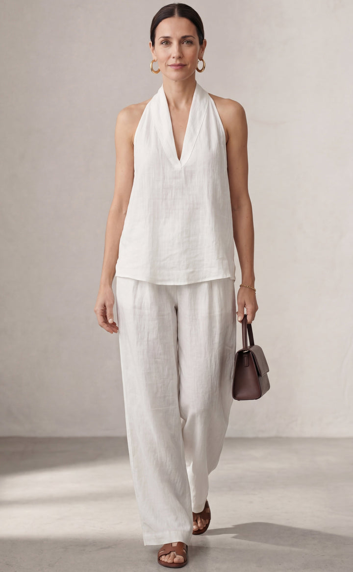 Carmela | Linen Set with V-Neck and Flowing Pants