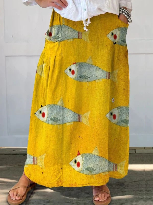 Blythe| Vintage Fish Art Print Pocket Skirt