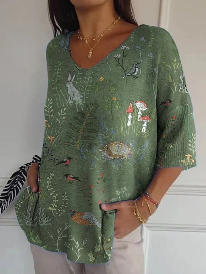 Caroline | Woodland and Animals Repeat Pattern Printed Women's Casual Pullover Knit