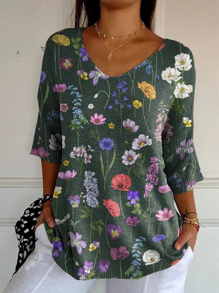 Dorothy | Vibrant Spring Botanical Garden Pattern Printed Women's Casual Pullover Knit